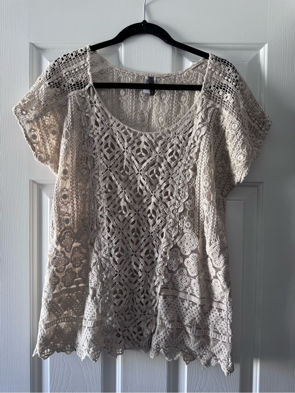 XCVI L Cream Crochet Lace Blouse 100% Cotton Boho Lagenlook Sheer Cottagecore